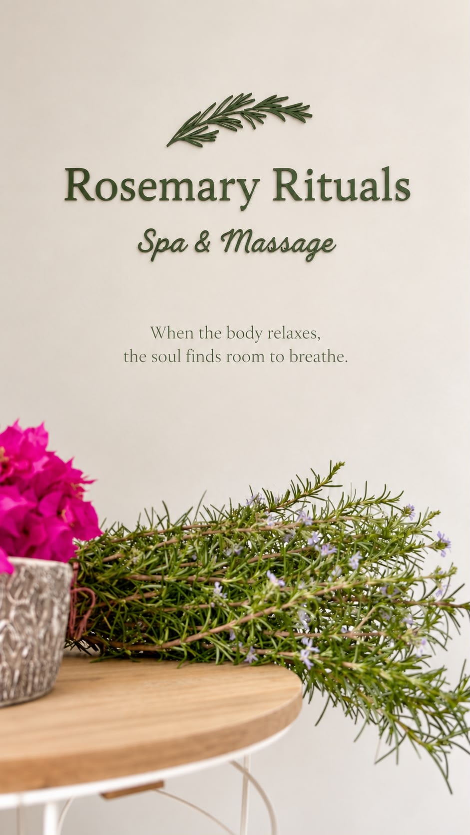 Rosemary Rituals wall logo and fresh rosemary at reception
